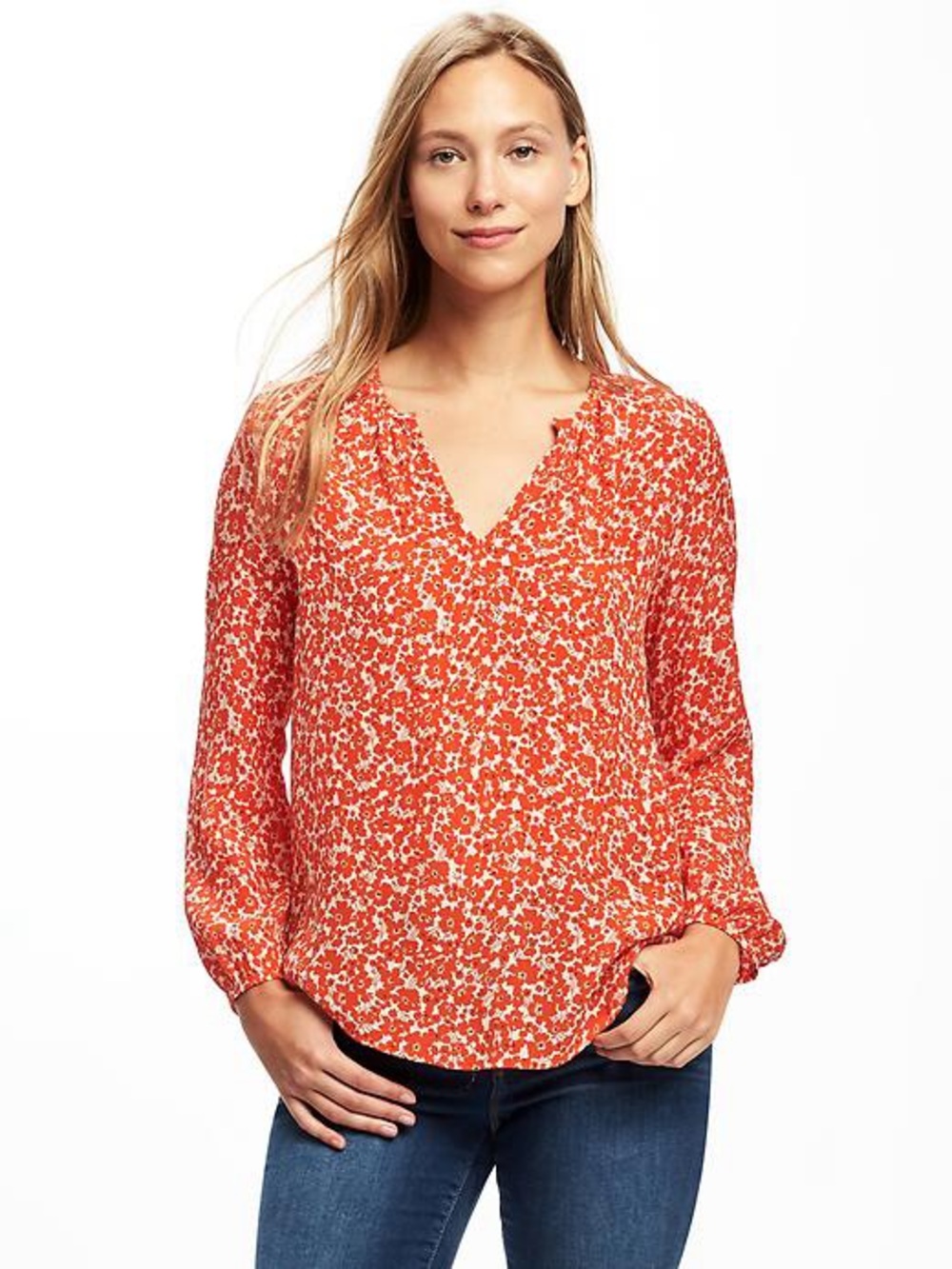 Coral Orange Floral Poppy V-Neck Long-Sleeve Boho Blouse